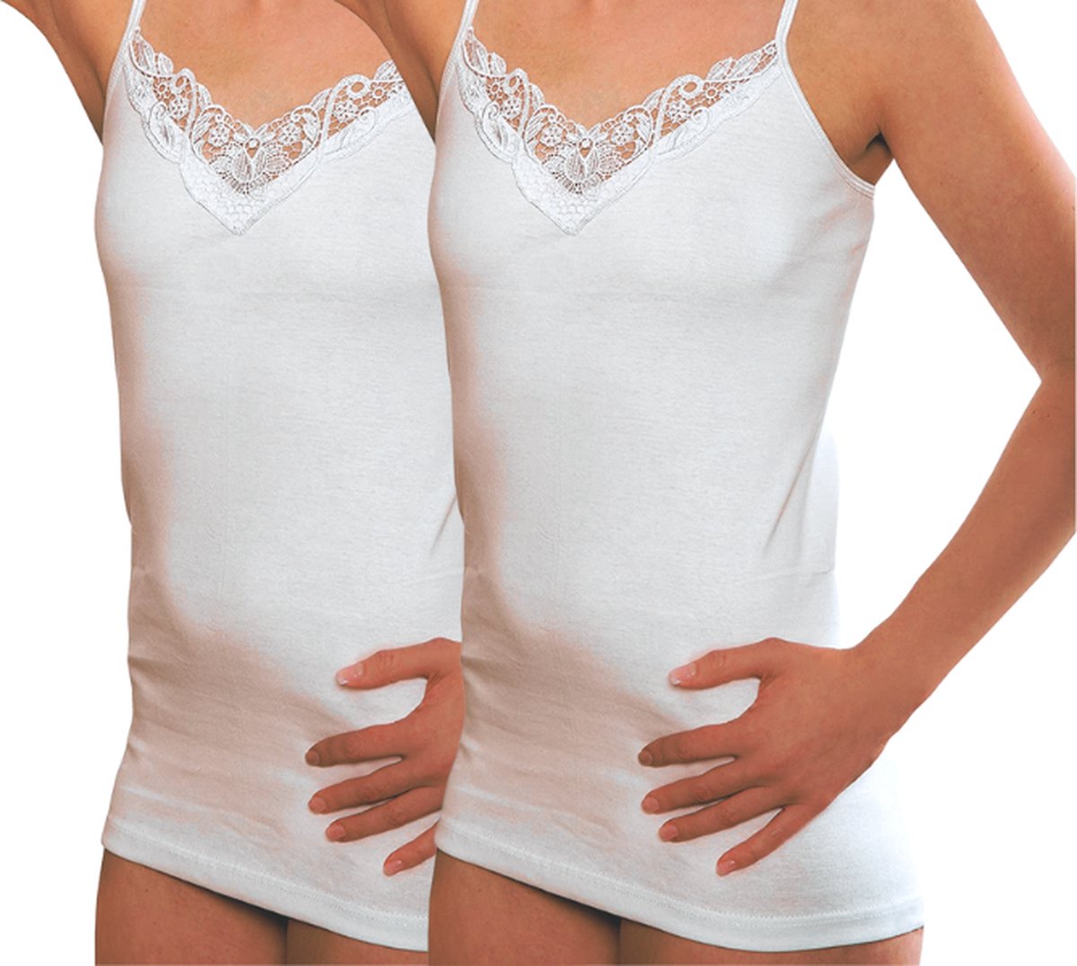 2 Stuks kanten top met spaghetti bandjes - 100% Katoen - Wit - Maat 52/54 (XXL)