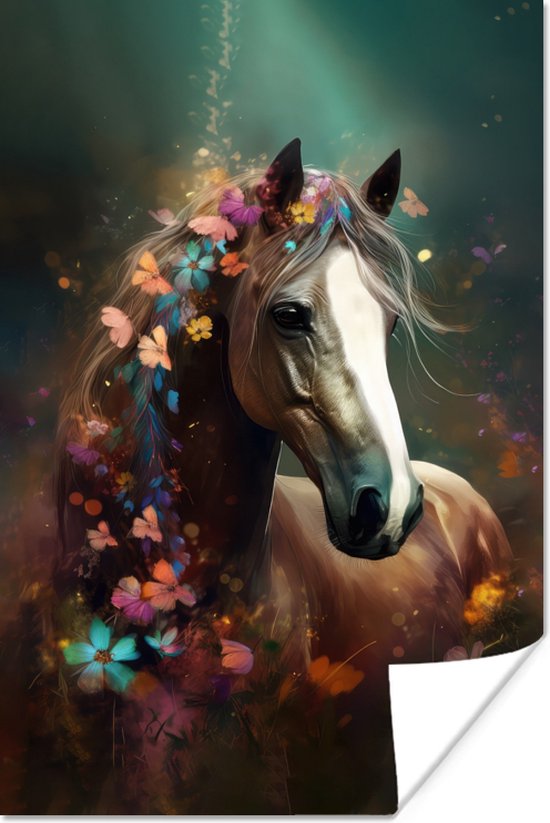 Poster Animaux - Cheval - Nature - Papillon - Fleurs - 20x30 cm