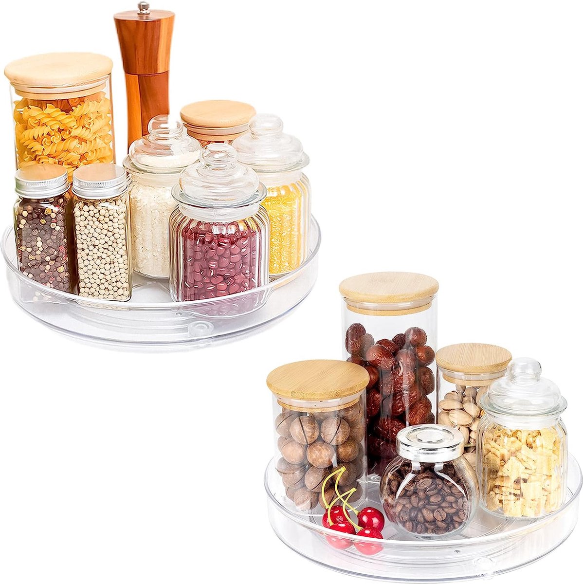 2 Stuks Draaiplateau (23,5cm + 27cm) Lazy Susan Draaibaar Kruidenrek, Draaitafel Kast Organisator, Rond Doorzichtig Kruiden Carrousel Organizer voor Kast Pantry Tafel Aanrecht Koelkast