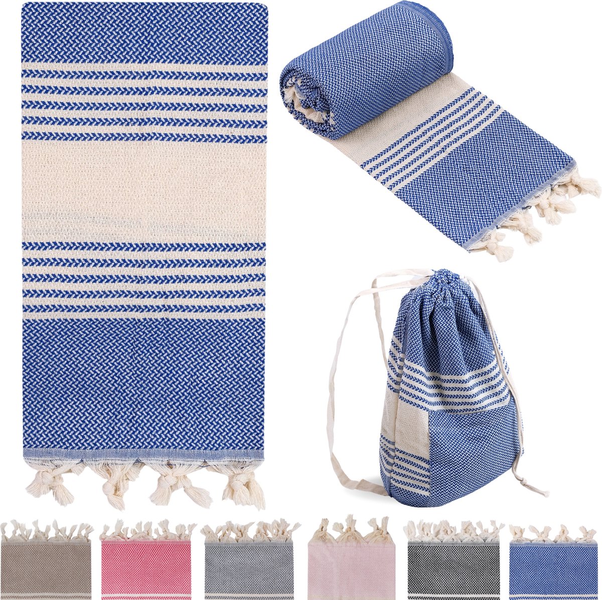 Combi Hamamdoek met Tas Blauw Strandlaken %100 Katoen XL 100x180cm Reishanddoek Badlaken Groot Douchelaken Pestemal Fouta Pareo Yoga