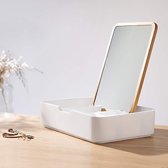 witte sieradendoos met spiegel - Juwelendoos met bamboe deksel - Sieradenkistje wit met spiegel - 5 opbergvakken