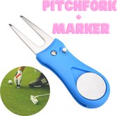 Inklapbare Pitchfork + Balmarker - Blauw - Reparatie Green - Golfaccesoires - Golfbalmarker - Golfbal marker - Pitchfork golf