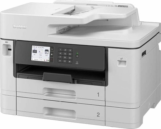 Witte Brother printer met twee papierlades, genummerd 1 en 2.