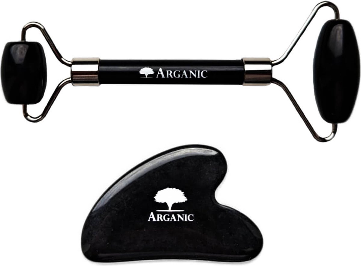 Goedkoopste Gua Sha Schraper & Gezichtsroller - Obsidiaan - Arganic