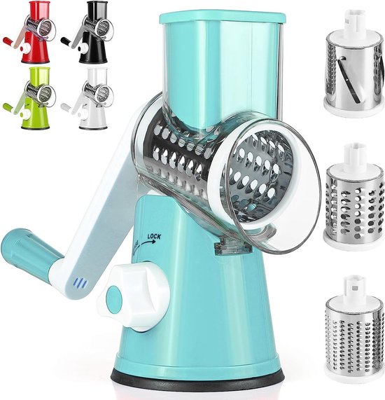 Kaasrasp met zwengel, groenteschaaf met 5 verwisselbare trommelmessen, rasp in de keuken, snel snijden, trommelrasp geschikt voor groenten, fruit, noten enz