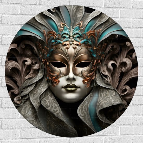 Muursticker Cirkel - Wit Venetiaanse carnavals Masker met Blauwe en Gouden Details tegen Zwarte Achtergrond - 100x100 cm Foto op Muursticker