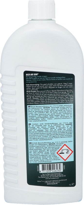 Achterkant van de Valma Wash and Shine autoshampoo 1L fles met productinformatie.