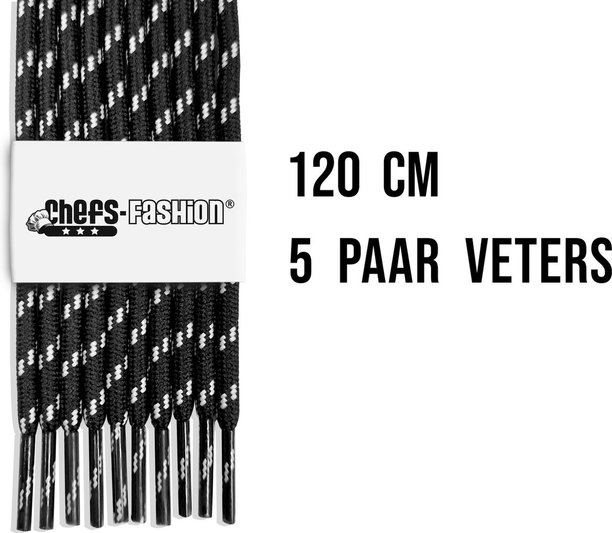 Chefs Fashion - Werk/Wandelschoen - Veters - Zwart/Wit - 120cm lang - 4mm dik - 5 paar