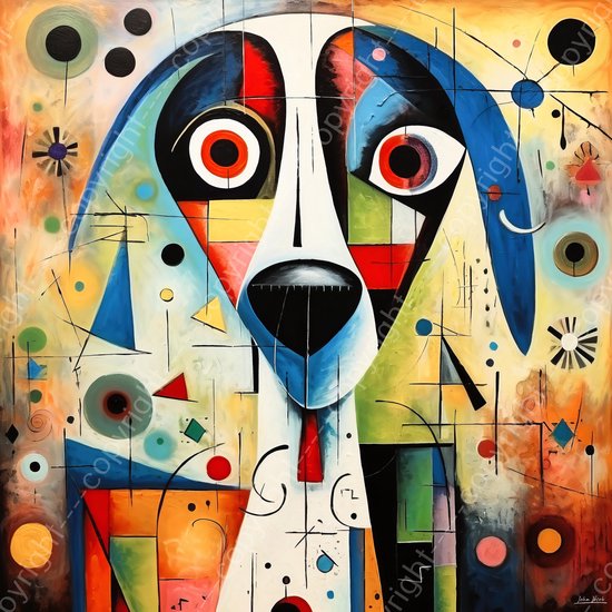 JJ-Art (Toile) 60x60 | Chien dans le surréalisme moderne, coloré, art | animal, abstrait, carré, moderne, Picasso, Joan Miro, Herman Brood | Impression sur toile Photo-Painting (décoration murale)