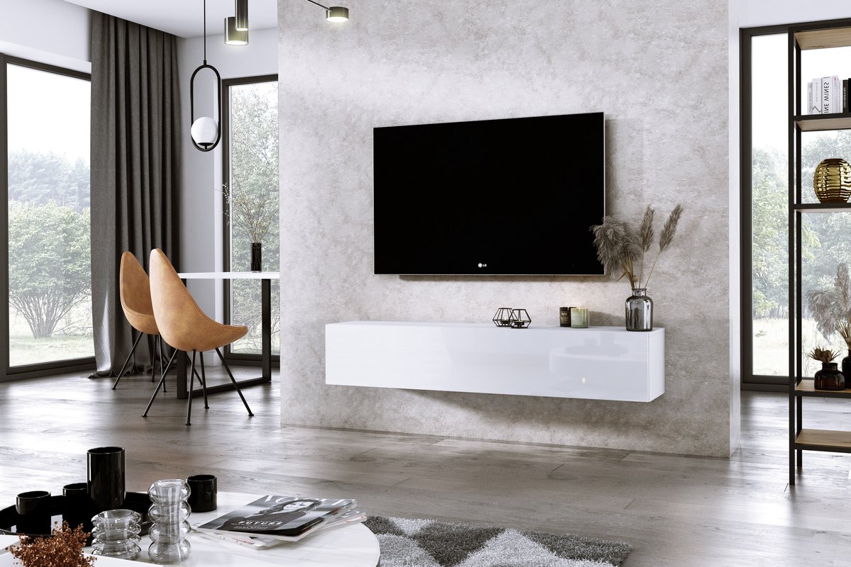 Meubel Square - TV meubel DIAMOND - Wit / Hoogglans Wit - 150cm - Hangend TV Kast