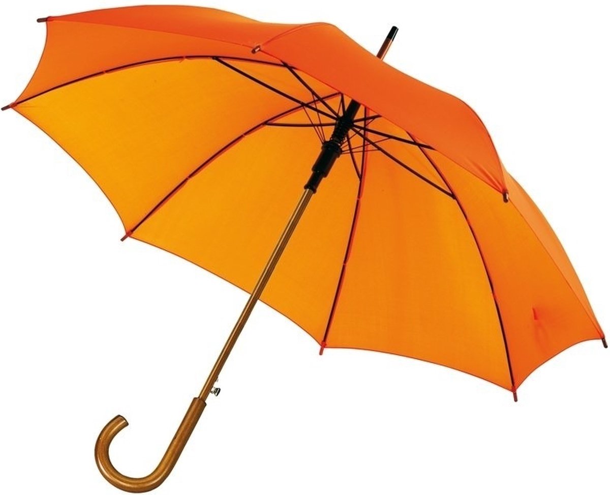 Oranje paraplu met gebogen houten handvat houten steel en metalen frame 103 cm - Paraplu's