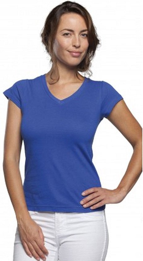 Dames t-shirt V-hals kobalt blauw 100% katoen slimfit - Dameskleding shirts 42