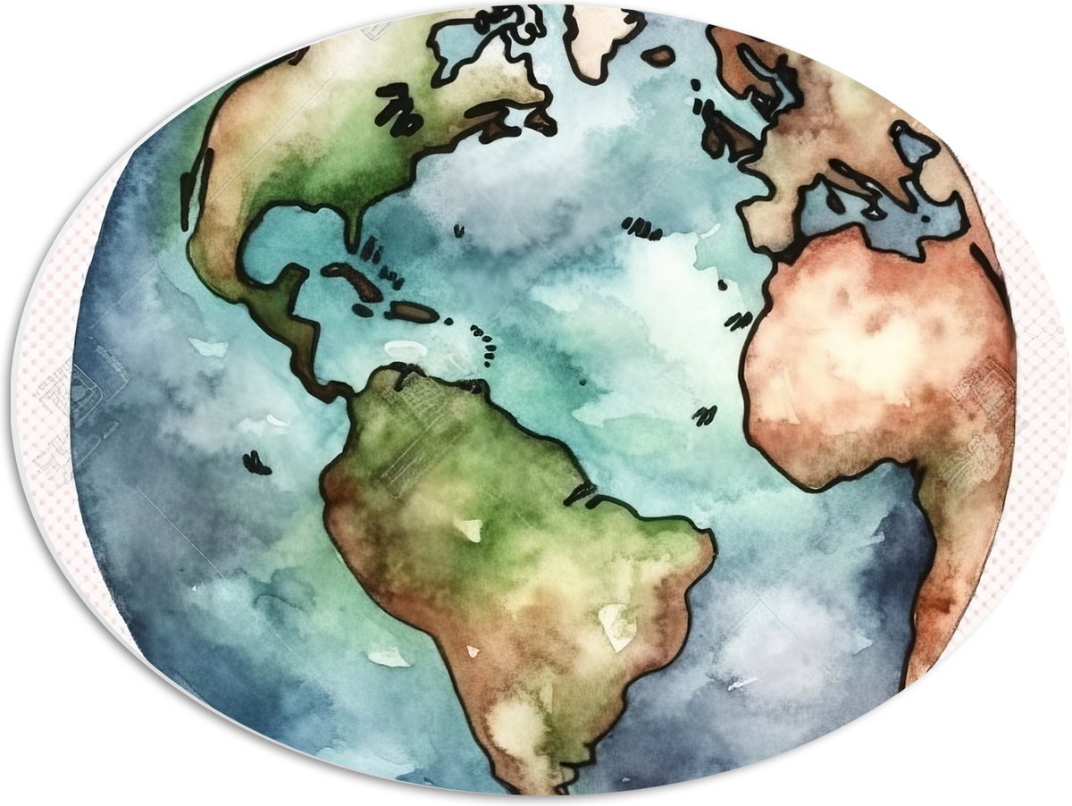 PVC Schuimplaat Ovaal - Waterverf Tekening van een Wereldbol tegen Witte Achtergrond - 56x42 cm Foto op Ovaal (Met Ophangsysteem)