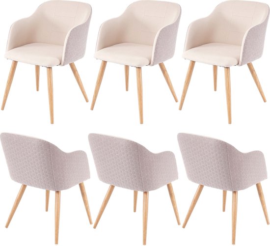 Set van 6 eetkamerstoelen MCW-D71, stoel keukenstoel, retro design, armleuningen stof/textiel ~ crème-beige