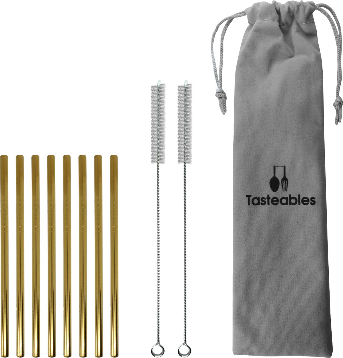 RVS Rietjes Recht - Tasteables - Cocktail Rietjes - Set van 8 - Duurzaam - Herbruikbaar - Reinigingsborstel - 140mm lengte - Goud