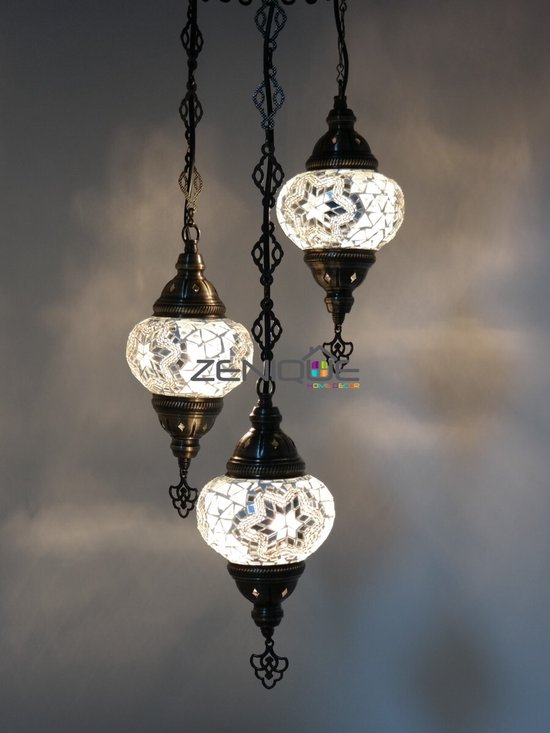 Turkse Lamp - Hanglamp - Mozaïek Lamp - Marokkaanse Lamp - Oosters Lamp - ZENIQUE - Authentiek - Handgemaakt - Kroonluchter - Wit - 3 bollen