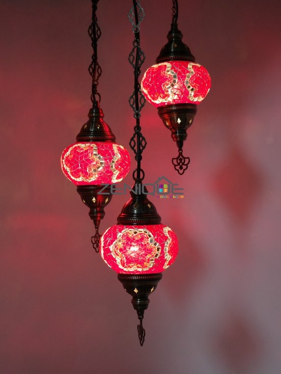 Turkse Lamp - Hanglamp - Mozaïek Lamp - Marokkaanse Lamp - Oosters Lamp - ZENIQUE - Authentiek - Handgemaakt - Kroonluchter - Rood - 3 bollen