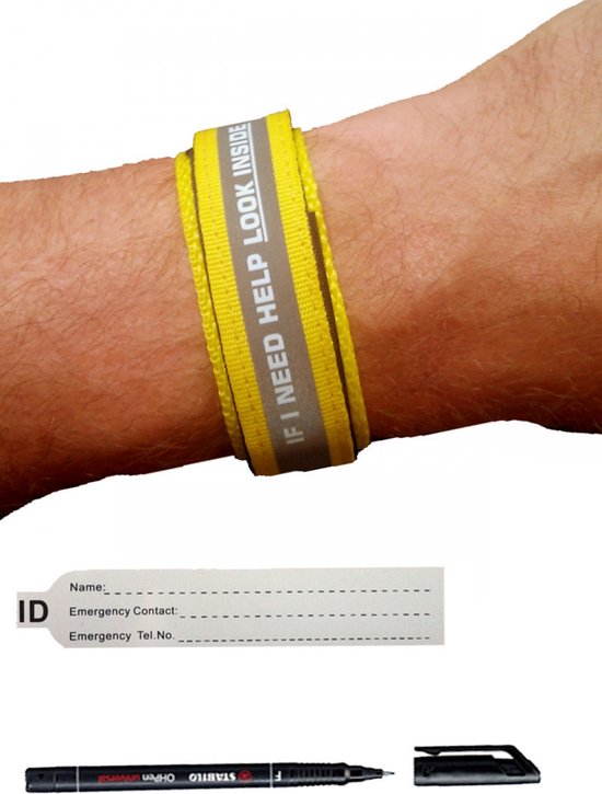 Salie Staat Afhaalmaaltijd SOS Armband Volwassenen Geel - Reflecterend, inclusief Pen - Naambandje /  ID armband /... | bol
