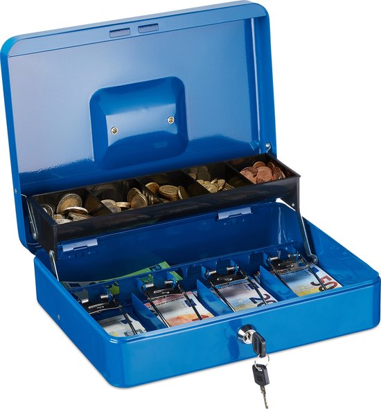 geldkistje met slot - sleutel - ijzer - 8,5 x 30,5 x 24,5 cm - zilver