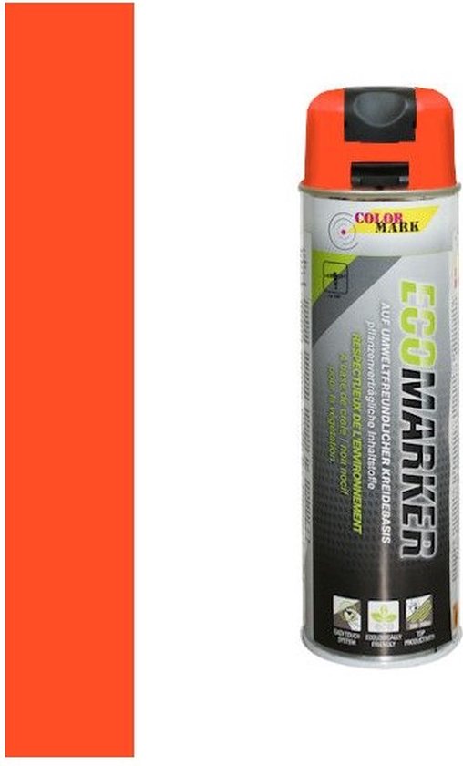 Fluo oranje COLORM ARK ECO MARKER spuitbus naast een verticale streep in dezelfde kleur.