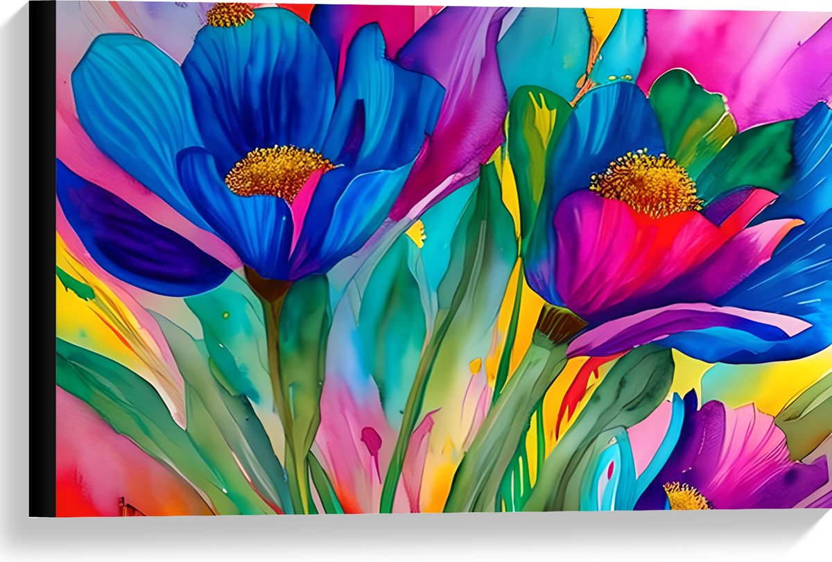 Canvas - Waterverf Tekening van Kleurrijke Bloemen - 60x40 cm Foto op Canvas Schilderij (Wanddecoratie op Canvas)