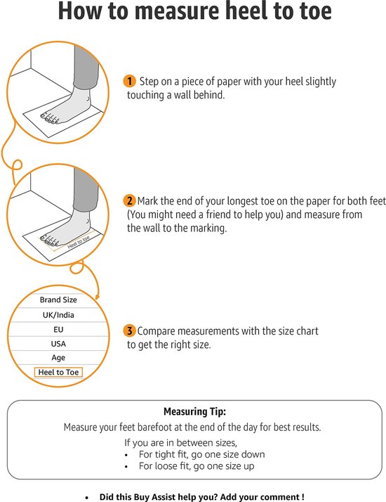 Instructies voor het meten van hiel tot teen en een maattabel.