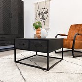 HUUS Salontafel Floor - Vierkant - Visgraat - Zwart - Mangohout - 72x70x45 cm - met 2 lades