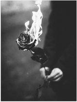 Poster (Mat) - Persoon - Bloem - Roos - Vuur - Zwart - Wit - 30x40 cm Foto op Posterpapier met een Matte look