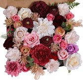 Kunstbloemkoppen, rozen, pioenrozen, dahlia's, bloemhoofden, zijden bloemen, kunstbloemen voor feest, doe-het-zelf, bruid, bruiloft, bloemstukken, combo decoratie (wijnrood)