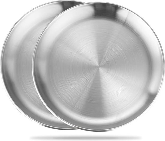 2 stuks RVS rond servies zilveren schotel RVS borden serveerborden RVS onderborden voor camping, keuken, feest (zilver, 17 cm)