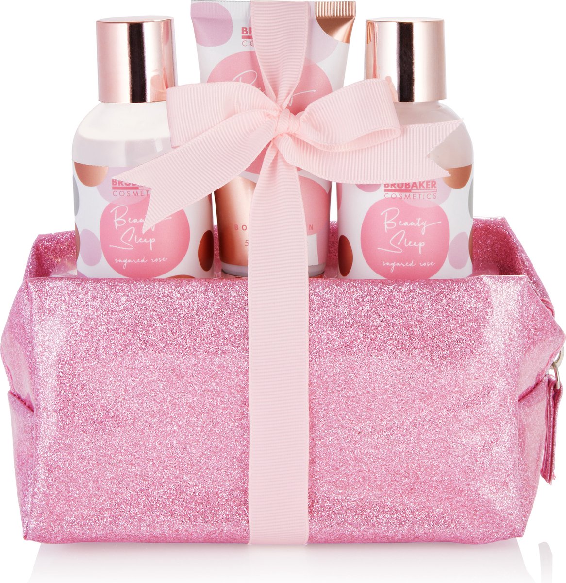 Goedkoopste BRUBAKER Cosmetics Bad- en Doucheset Beauty Sleep Sugared Rose - Rozengeur - Cadeautip Vrouw - Cadeau Idee - 4-Delige Geschenkset in Praktische Toilettas - Roze Roségoud