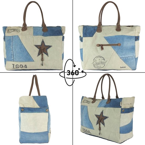 SUNSA® Upcycled vintage weekendtas. XXL badtas-sporttas shopper Handtas gemaakt van gerecyclede jeans & canvas. Duurzame schoudertas