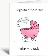 Congrats on your new alarm clock - Wenskaart met envelop - Zwanger -Geboorte - Engels - Grappig - Roze - Meisje