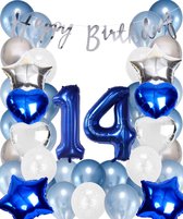 Snoes Ballonnen 14 Jaar Set Mega Blauw Zilver Ballon - Compleet Feestpakket Cijferballon 14 Jaar - Verjaardag Versiering Slinger Happy Birthday – Folieballon – Latex Ballonnen - Helium Ballonnen