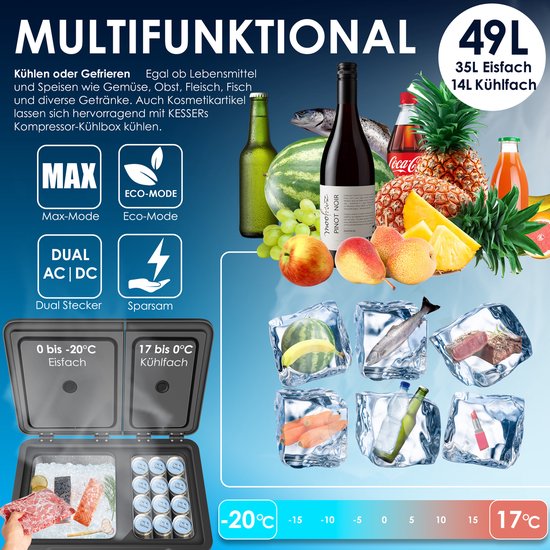 KESSER® Compressor Koelbox 2in1 Dubbele Zone Koeler & Vriezer, Elektrische Vriesbox LED Touch Control 12/24 V 230V, Frigobox Koelen tot -20 °C voor Auto, Vrachtwagen, Kamperen - 49 Liter, Zilver / Antraciet van KESSER — afbeelding 4