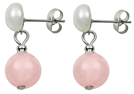 Zoetwaterparel met edelstenen oorbellen Pearl Stud Rose Quartz - oorstekers - echte parels - rozenkwarts - wit - roze - ZHEN ZHU - EEN RIJKDOM AAN PARELS