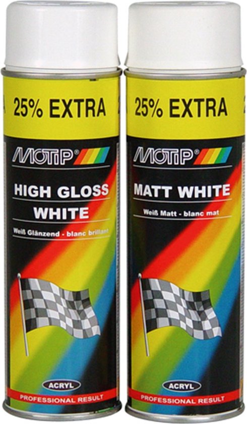 Twee Motip spuitbussen: Acryl Hoogglans Wit en Acryl Mat Wit. Beide met 25% extra inhoud en racevlag design.