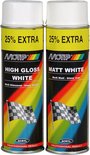 Twee Motip spuitbussen: Acryl Hoogglans Wit en Acryl Mat Wit. Beide met 25% extra inhoud en racevlag design.