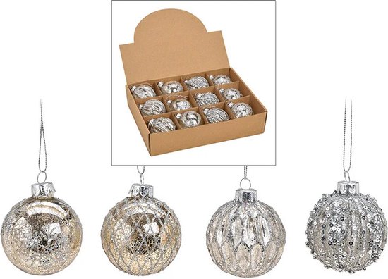 Kerstballen - 12 stuks - zilverkleurig - gedecoreerd - glas - 6 cm