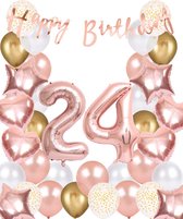 Snoes Ballonnen 24 Jaar Rose Gold White Dots - Compleet Feestpakket met cijfer ballon 24 Jaar - Verjaardag Versiering Slinger Happy Birthday – Folieballon – Latex Ballonnen - Helium Ballonnen - Rose Feestpakket
