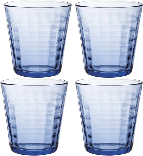 Vier blauwe Duralex Prisme glazen met rasterpatroon, 275ml.