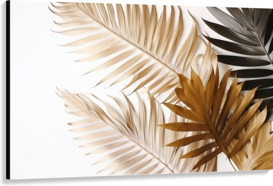 Canvas - Tropische Bladeren in Goudtinten tegen Witte Achtergrond - 150x100 cm Foto op Canvas Schilderij (Wanddecoratie op Canvas)