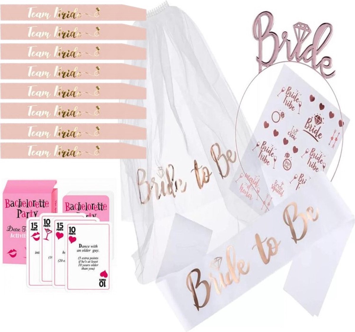 FeestmetJoep® vrijgezellenfeest - Bride to be 31-delig feestpakket Vrijgezellenfeest vrouw & kaartspel - Team bride - Bride to be sjerp - Bride to be sluier - Vrijgezellenfeest met het hele bride team - Team bride sjerp - Bride to be 9 personen