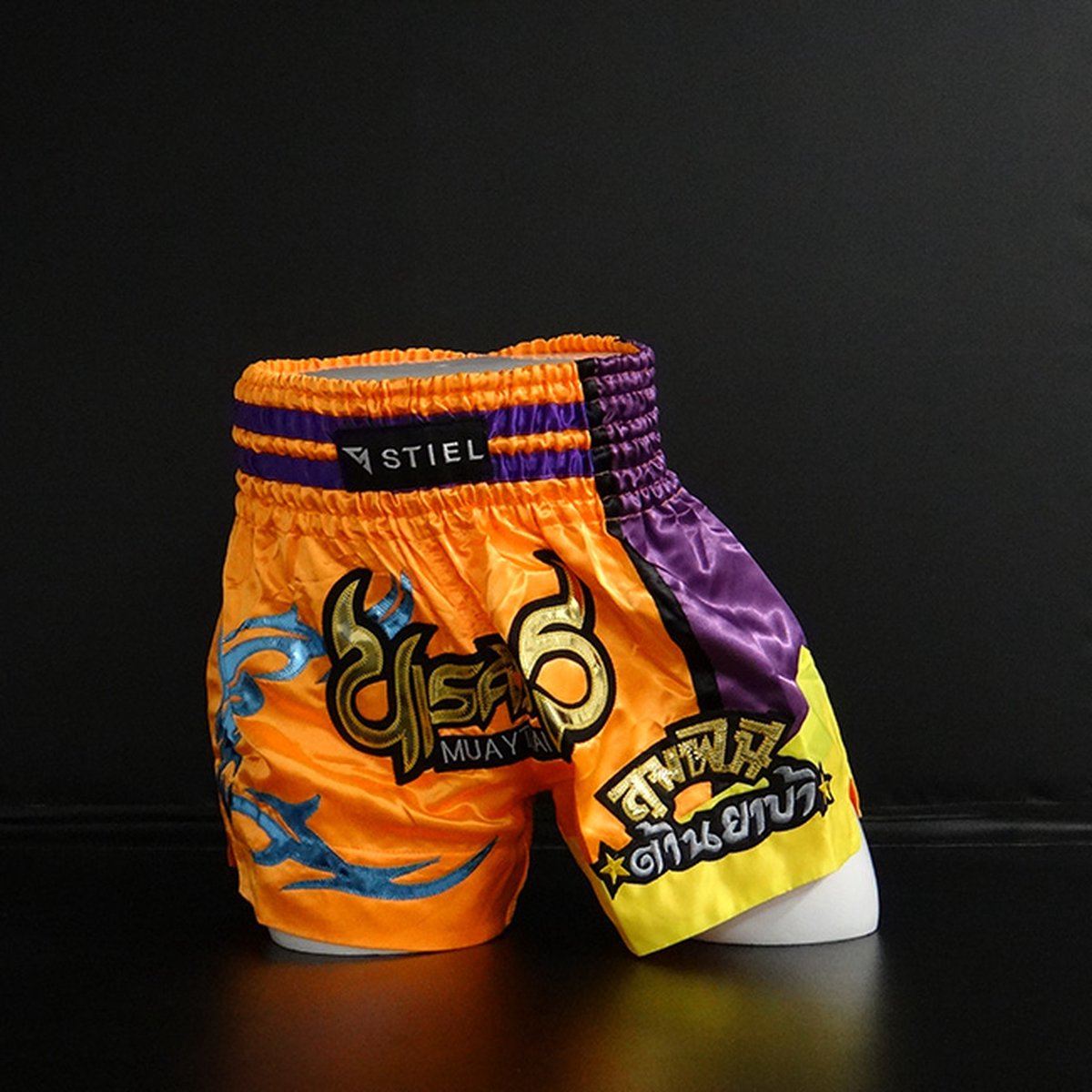 Stiel Muay Thai Short- Broekje - Oranje / Paars / Goud (Beschikbaar in verschillende maten)