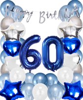 Snoes Ballonnen 60 Jaar Set Mega Blauw Zilver Ballon - Compleet Feestpakket Cijferballon 60 Jaar - Verjaardag Versiering Slinger Happy Birthday – Folieballon – Latex Ballonnen - Helium Ballonnen