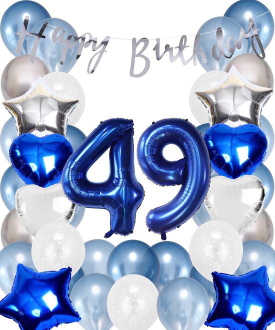 Snoes Ballonnen 49 Jaar Set Mega Blauw Zilver Ballon - Compleet Feestpakket Cijferballon 49 Jaar - Verjaardag Versiering Slinger Happy Birthday – Folieballon – Latex Ballonnen - Helium Ballonnen