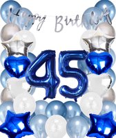 Snoes Ballonnen 45 Jaar Set Mega Blauw Zilver Ballon - Compleet Feestpakket Cijferballon 45 Jaar - Verjaardag Versiering Slinger Happy Birthday – Folieballon – Latex Ballonnen - Helium Ballonnen