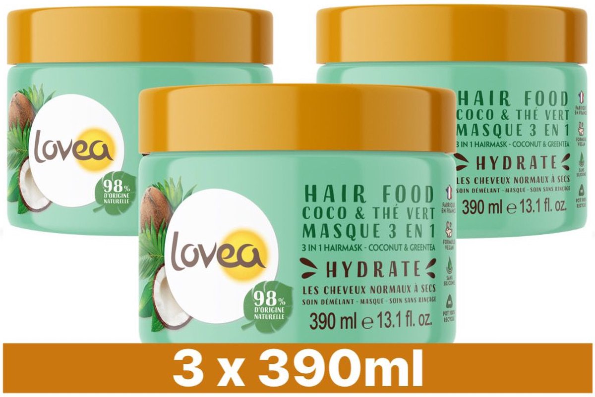 Lovea Haarmasker Kokos en Groene Thee 3-in-1 - 3 x 390 ml - Voordeelverpakking