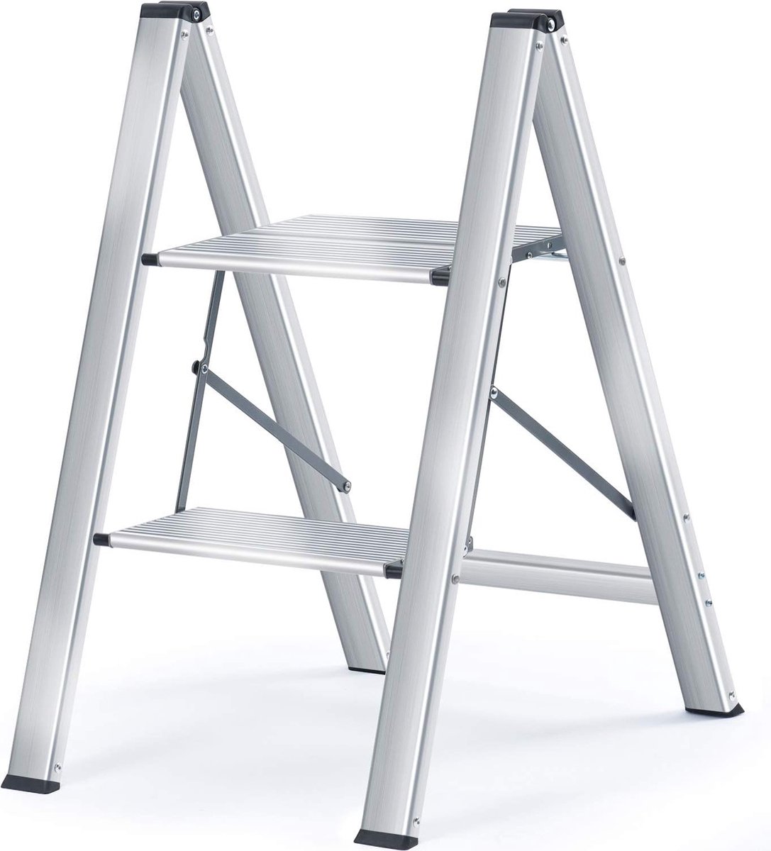 Trapladder, inklapbare trap, aluminium trapkruk, antislip trapladder, klein en compact, draagvermogen tot 150 kg, 2 treden, aluminium