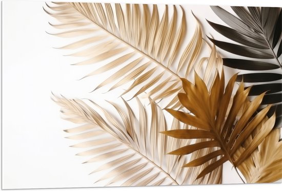 Acrylglas - Tropische Bladeren in Goudtinten tegen Witte Achtergrond - 105x70 cm Foto op Acrylglas (Wanddecoratie op Acrylaat)